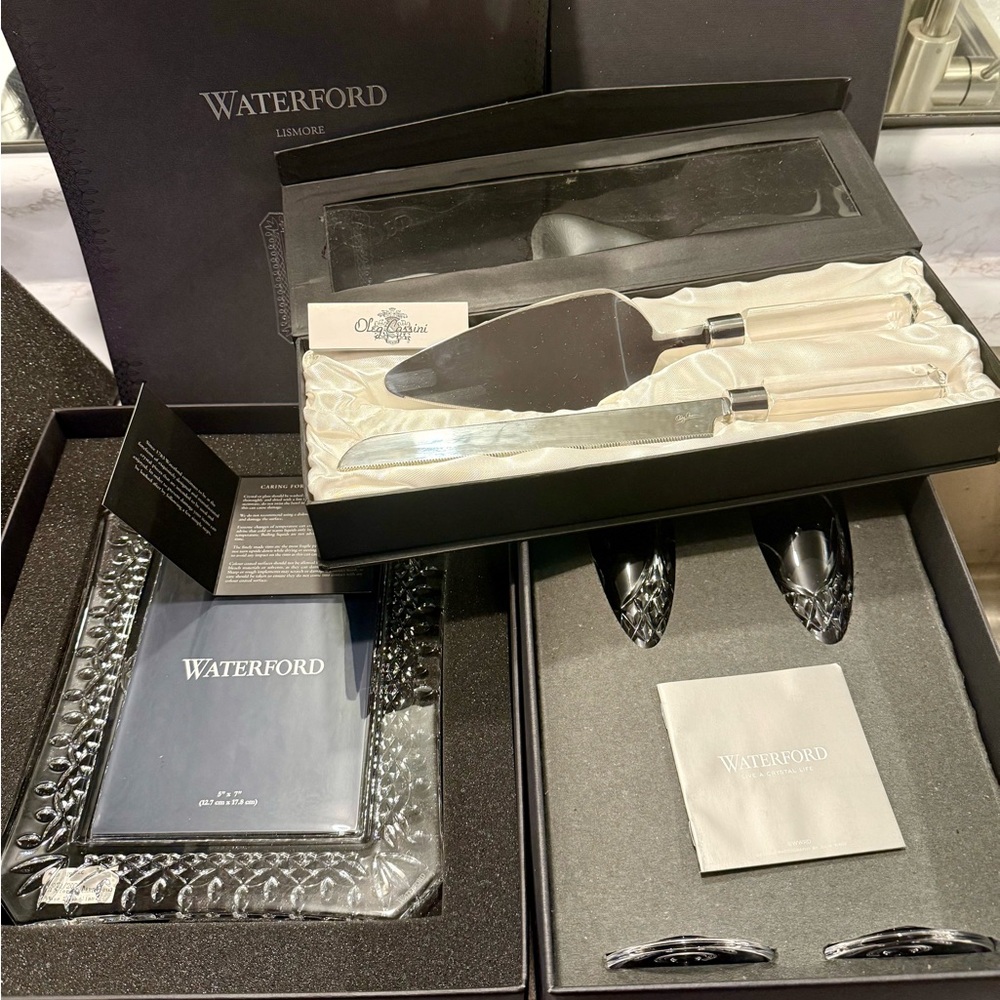 3 Piece Waterford Crystal Toasting Flutes, Frame and Oleg Cassini Lucy Knife Set